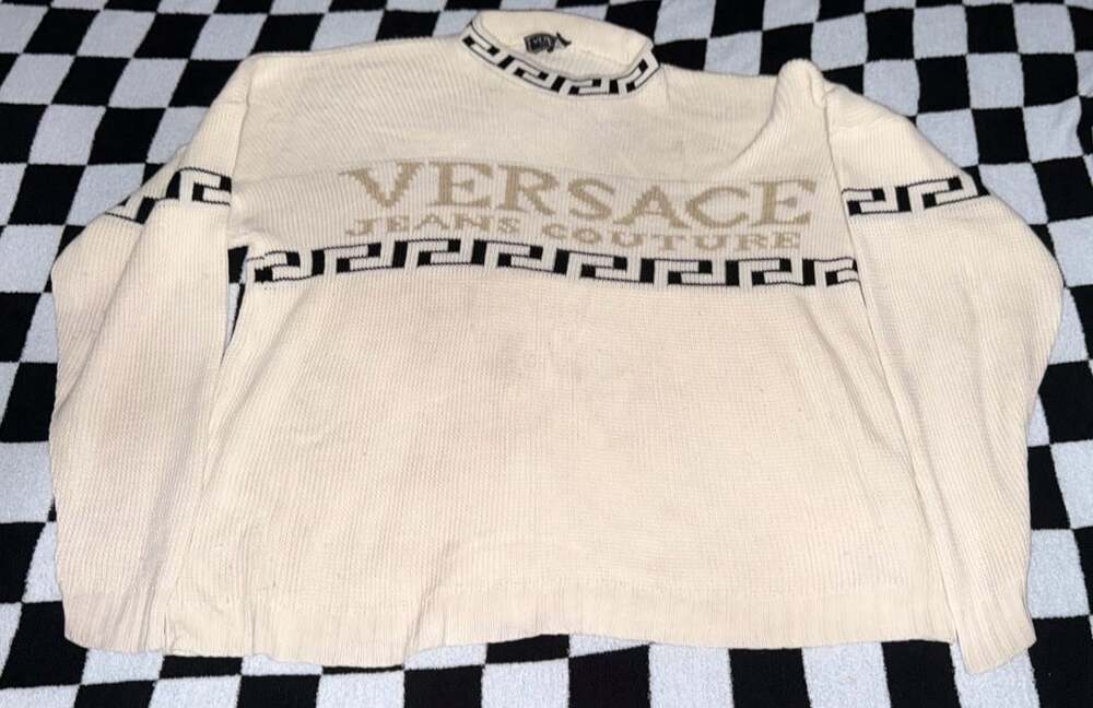 Vintage Versace Jeans Couture Spellout Greek Key Knit Crewneck Sweater Cream